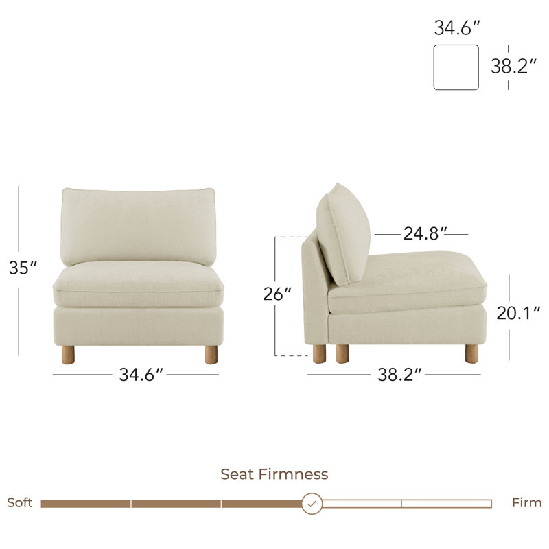 Solena 34.6" W Comfy Upholstered Armless Chair With Solid Wood Base, Cream