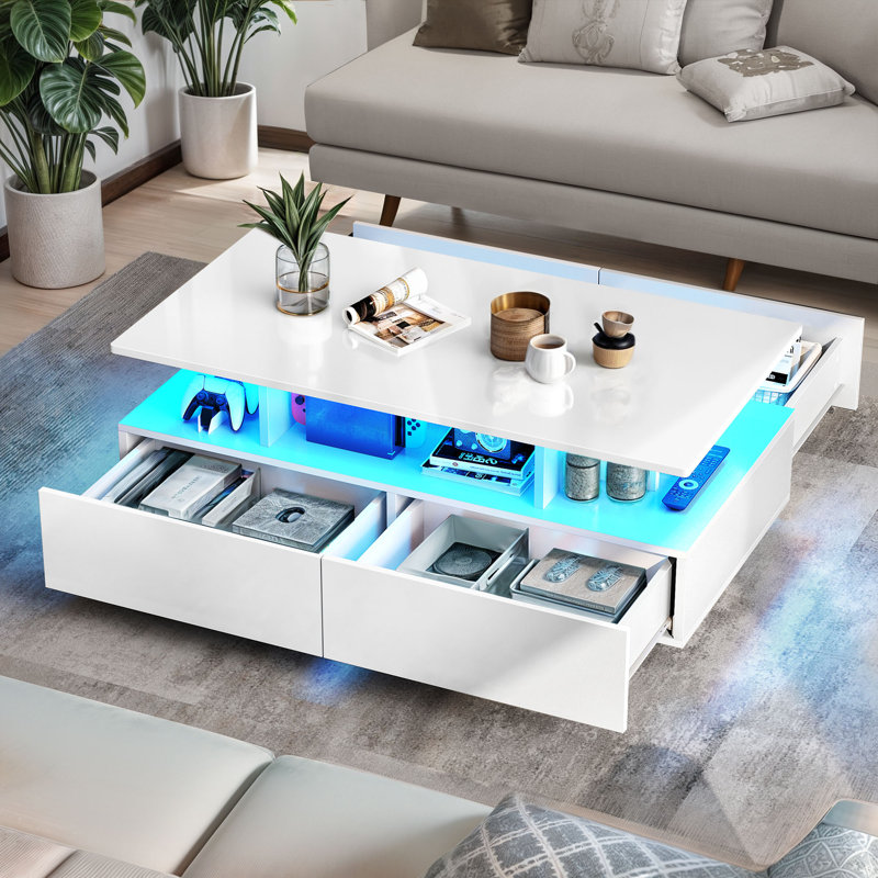 Curtisville Rectanguler LED Coffee Table with Ample Storage and 4 Spacious Drawers for a Stylish Living Room, White