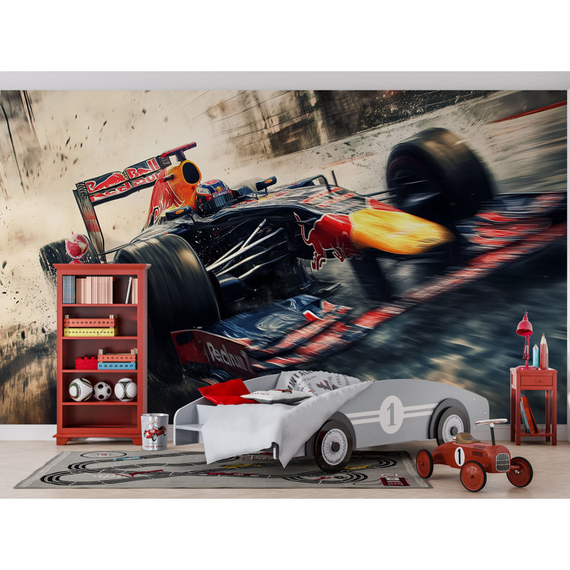 Papier peint voiture de course de Formule 1 - Papier peint Speed Track pour chambre de garçon et salle de jeux Vn875 (Peel-N-Stick) VN875