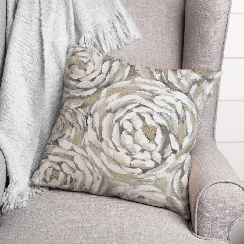 Cream And Gray Floral Outdoor Throw Pillow