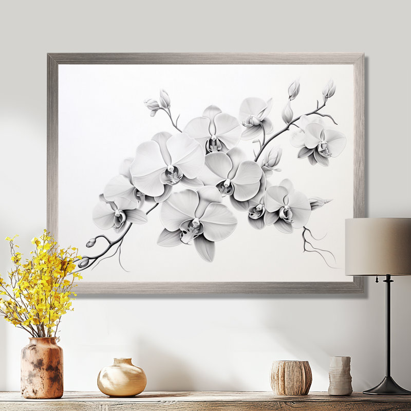 Orchidée noire et blanche Tranquility II - art mural encadré orchidée, Cadre simple argenté, H 12 po x l 20 po x P 1 po
