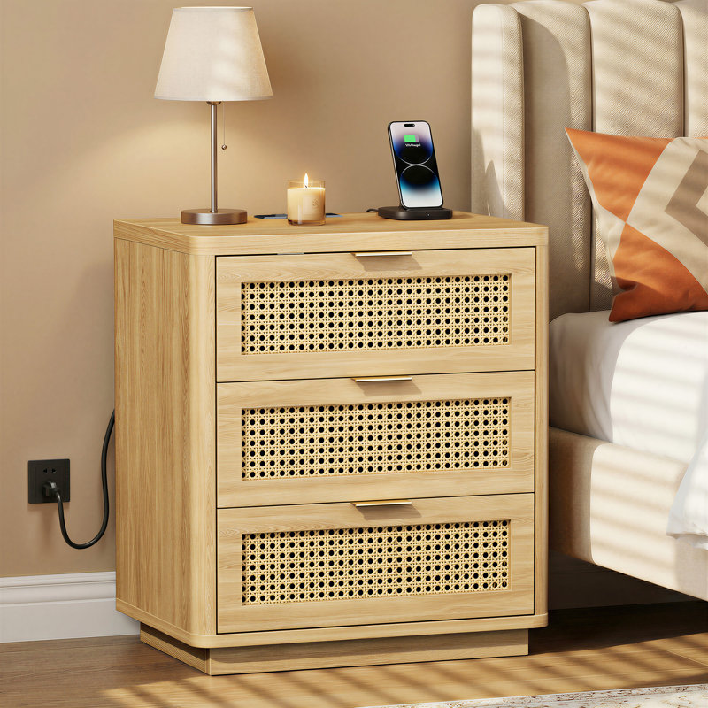 22.83'' W End Table with 3 Drawers and Charging Station, Natural/Wood