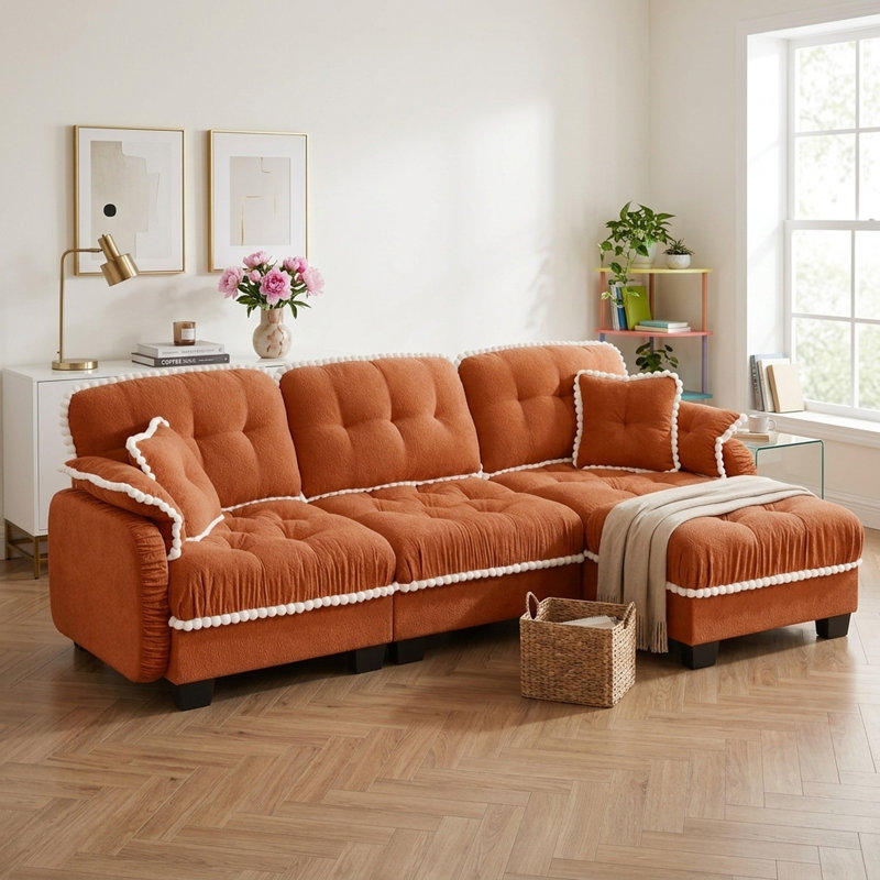 Canapé en forme de L de 131 po avec repose-pieds mobile et 4 coussins décoratifs en tissu de chenille orange matelassé
