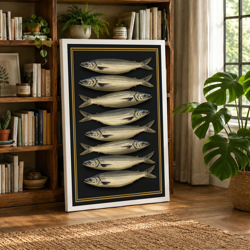 Eight Silver Fish Japandi 1 Piece Wrapped Canvas Wall Art, 36x24 - 91.4 x 61.0 cm, Taupe Border