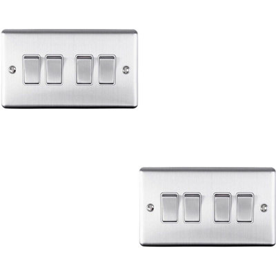 2 PACK 4 Gang Metal Quad Light Switch POLISHED CHROME 2 Way 10A White Trim
