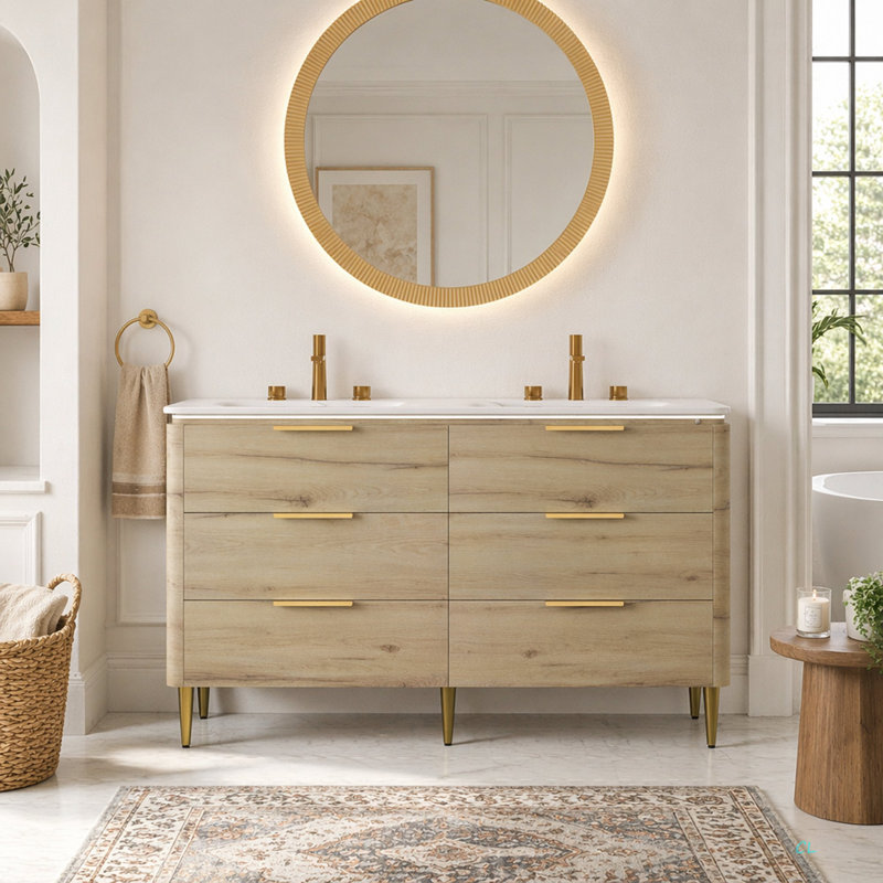 Meuble-lavabo 60 po avec lavabo encastré en contreplaqué à bords arrondis avec 6 tiroirs, lavabo intégré en pierre frittée Carrara, pré-assemblé