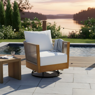 Tavik Patio Acacia Wood Swivel Lounge Chair with Handwoven Rope & Cushions