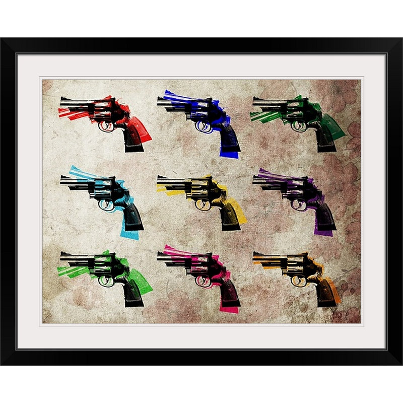 «Nine Revolvers» par Michael Tompsett, impression, H 20 po x l 24 po x P 1 po, Cadre noir