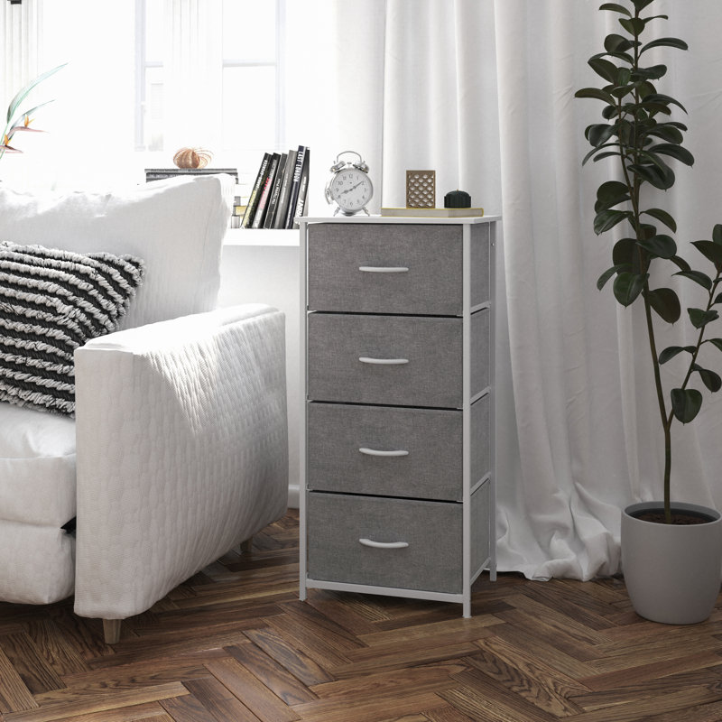 Commode de rangement verticale à 4 tiroirs Melisaa avec structure en fonte, plateau en bois et tiroirs en tissu, gris