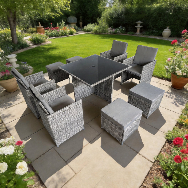 Alfino Square 8 - Person 110cm Long Dining Set with Cushions, Grey, Grey