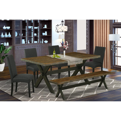 6 Piece Dining Set Contains a Rectangle Dining Room Table with X-Legs and 4 Black Color Linen Fabric Upholstered Chairs with a Bench, Wire Brushed Black Finish