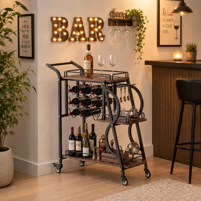 Garvee Black 3-Tier Serving Cart with Wine Rack and Glass Holder, MDF, holds 8 wine bottles & 9 stemware, lockable wheels, coffee/microwave/snack cart