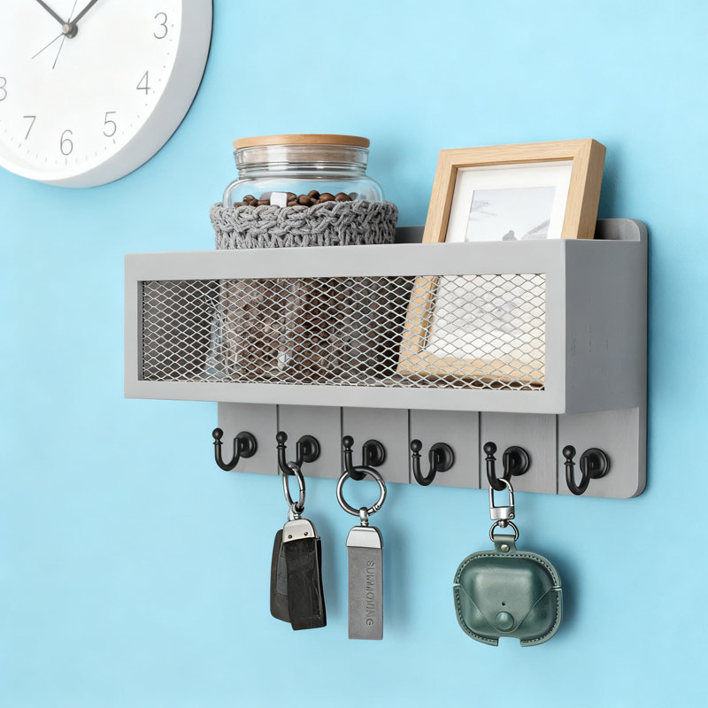 Porte-clés mural et porte-courrier avec panier de rangement, 6 crochets rétro, organisateur mural de ferme pour entrée, bureau, décoration intérieure