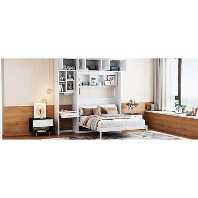 Grand lit escamotable mural pliable avec bureau, armoire supérieure et tablettes latérales, blanc, peu encombrant pour les petits espaces, confort des lattes flexibles, appartements à mécanisme à deux pistons en métal, plafonniers