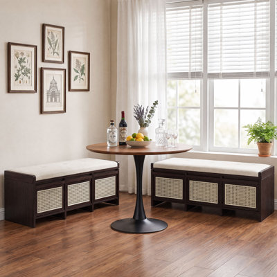 Banc de rangement en rotin de 48 pouces, banc d'entrée en panneau de fibres à densité moyenne avec 3 tiroirs en rotin et plateau relevable à gaz, coussin touffeté amovible, banc à chaussures polyvalent pour vestibule, extrémité de chambre à coucher, couloir