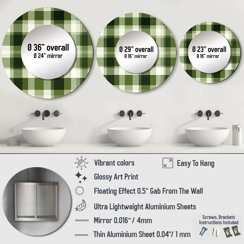 «UK Green Plaid Elegance», miroir mural décoratif à carreaux, grand miroir rond vintage, impression d'art en métal
