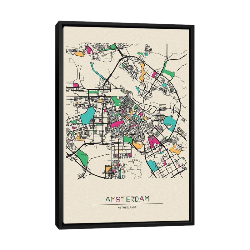 Amsterdam, Netherlands Map 1 Piece Wall Art on Canvas, 101.6 cm H x 66.04 cm W, Black Floater Frame
