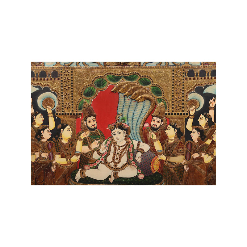 Darbar Krishna assis sous le Sheshnag | Couleurs traditionnelles avec or 24 carats | Sans cadre