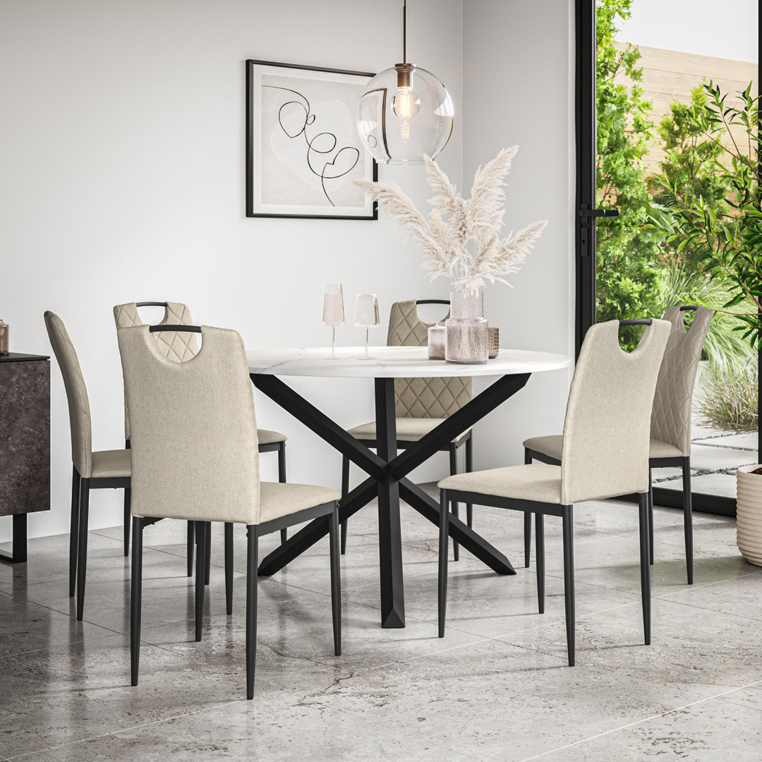 Daraich Round Dining Table And Chairs -  Marble Table Top w Legs + Daraich Fabric Dining Chair Set Of 6
