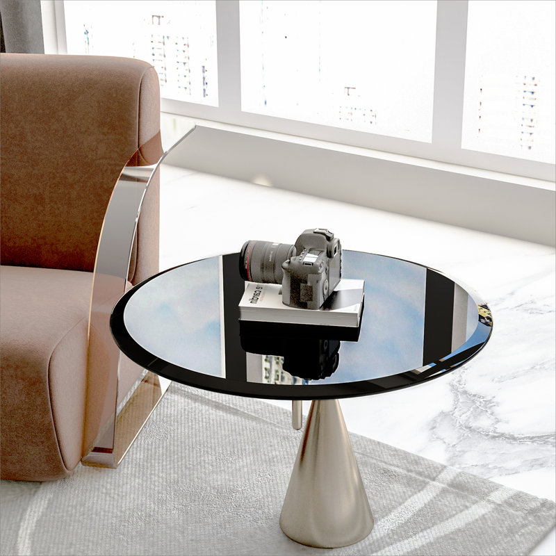 Plateau de table rond en verre trempé de 24 po, verre noir, bord biseauté épais de 1/2 po d'épaisseur