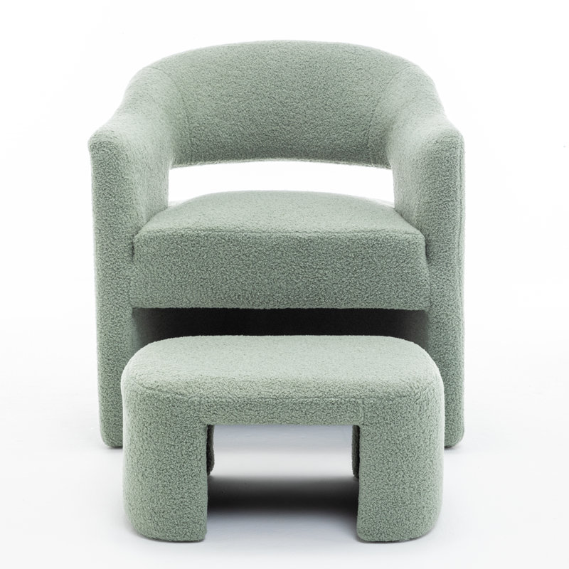 Torrence Upholstered Barrel Chair With Ottoman, Green Faux Fur
