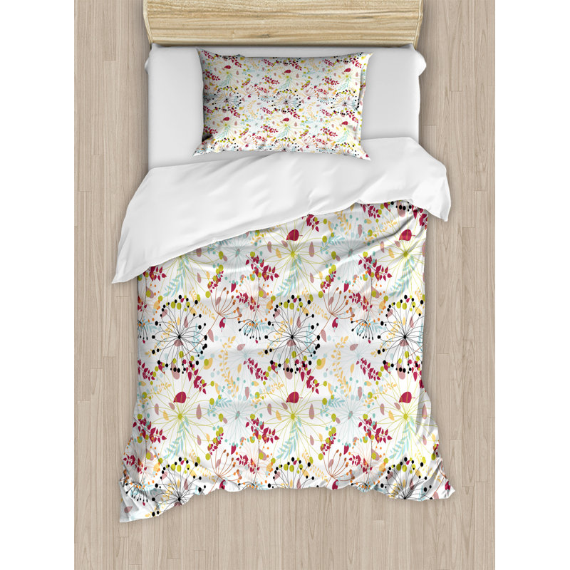 Flower Polyester Duvet Cover, Twin Duvet Cover + 1 Pillow Sham, Botanical Spring Petals