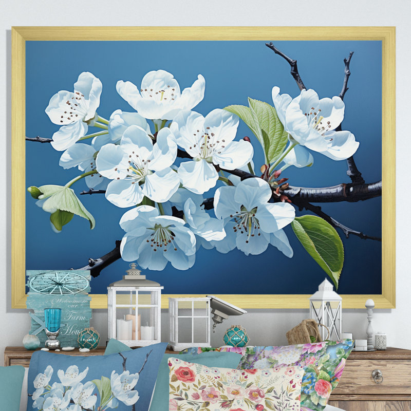 Fleur de pommier monochromatique élégance III, reproduction sur toile, Encadrement doré, H 12 po x l 20 po x P 1 po
