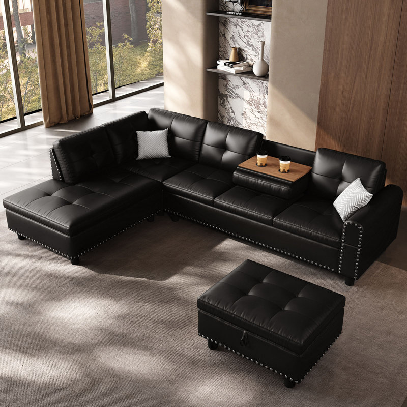 Canapé en cuir surdimensionné de 97,5 po pour canapé de salon en forme de L avec repose-pieds, Black