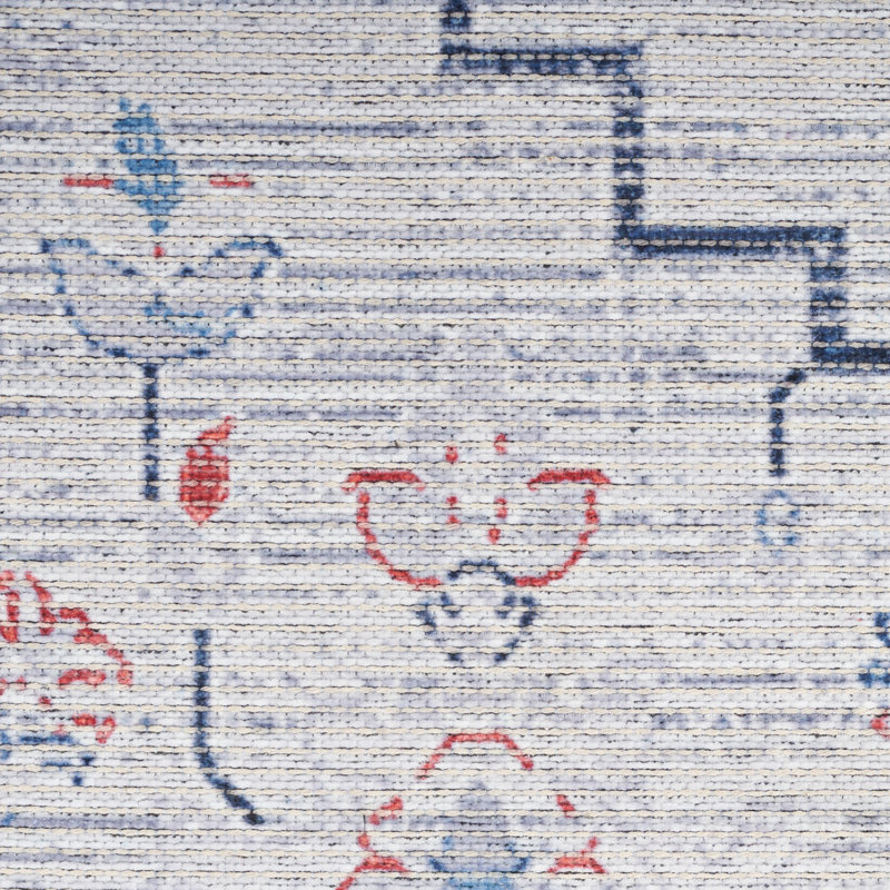 Blue and Ivory Floral Cotton Synthetic Rectangular Area Rug