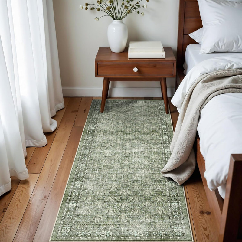 Washable Hallway Runner Rug: Vintage Soft Carpet for Living Room Entryway Non-Slip Water Resistant Thin Kitchen Floor Mat Wide Ultra Soft Area Rug for Bedroom Bathroom Dining Room(Green)