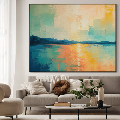 Très grande reproduction d'art sur tissu - Réflexion abstraite du coucher de soleil sur l'horizon côtier pour le salon ou la chambre à coucher - «Assemblage requis du cadre (cadre non fini)»