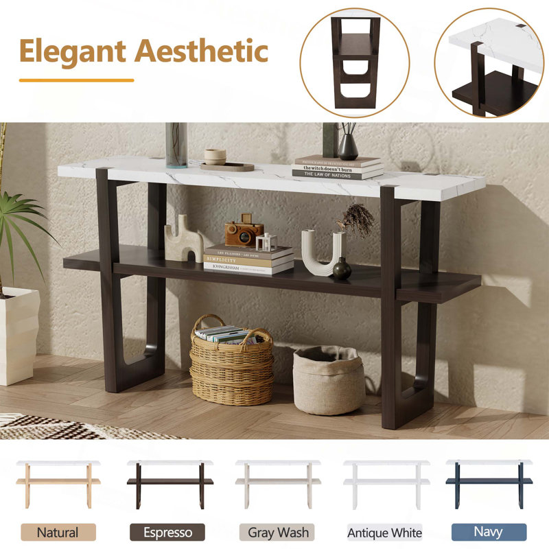 Narrow Console Table With Marble-Effect Top, Retro Entryway Table With Open Shelf, Sofa Table For Entryway, Hallway And Living Room
