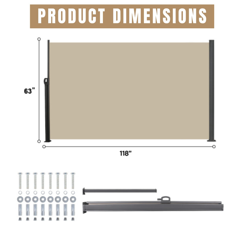 Retractable Side Screen Awning, 118", Uv Resistant & Waterproof Privacy Screen For Garden, Balcony, Courtyard (Beige)