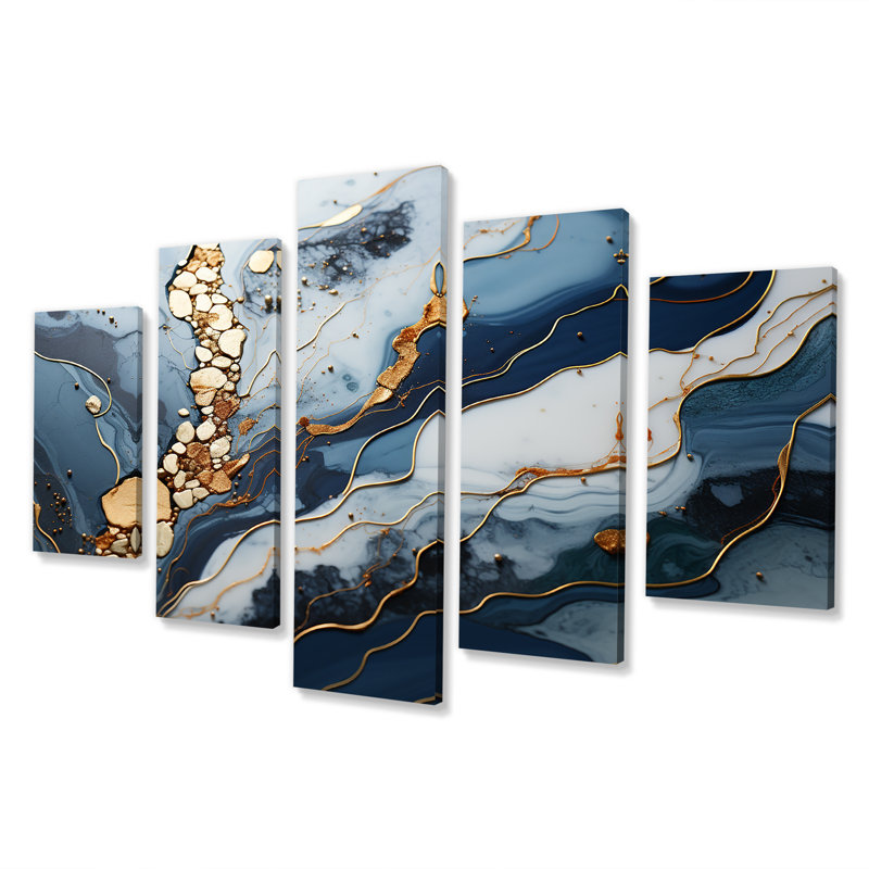 «Blue and Gold Marble River II - Abstract Marble Multipanel», art mural