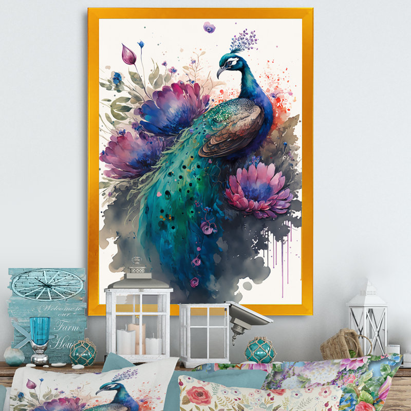 Heffernan, paon mignon, art floral I - paon, art mural, H 20 po x l 12 po x P 1 po, Impression dorée sur toile encadrée