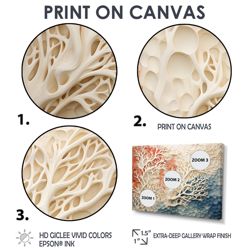 «Rose and White Coastal Coral Collage I» - art mural corail sous l'eau, H 16 po x l 32 po, Toile tendue, Sans cadre