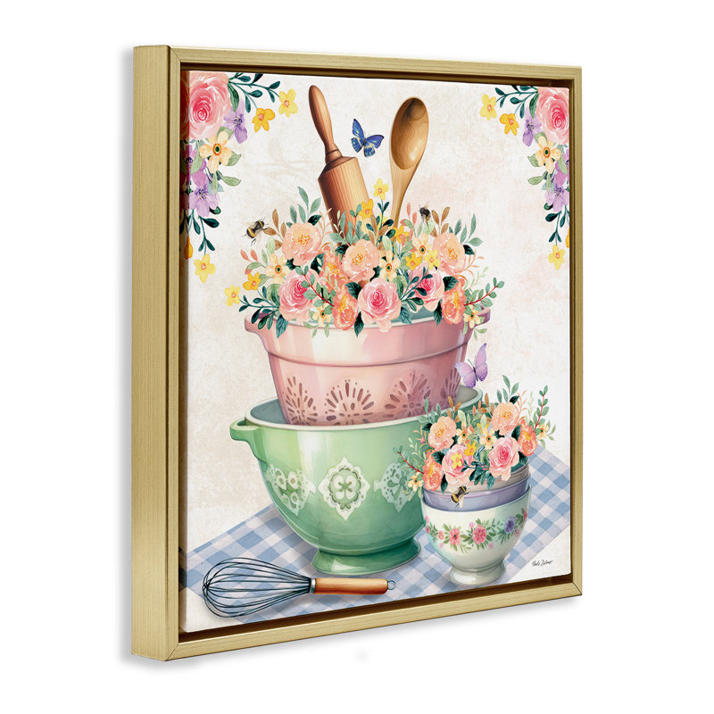 "Floral Kitchen Bowls Stack Floater", art mural par Nicole DeCamp, Cadre flottant métallique doré, H 18 po x l 18 po