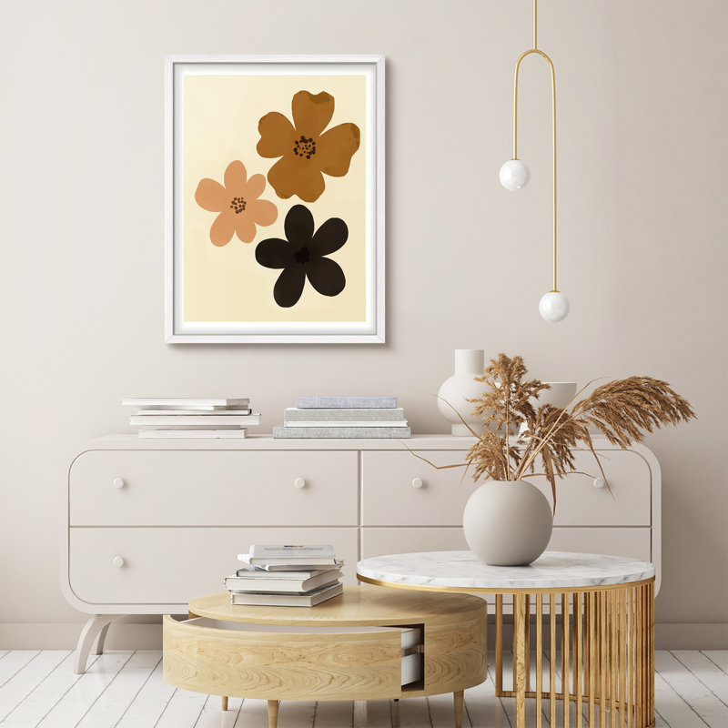 Reproduction d'art mural moderne abstrait floral - Illustration minimaliste de fleur brune et noire encadrée pour le salon ou la chambre à coucher