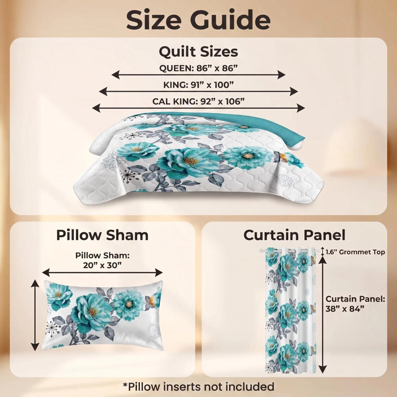 9 Piece Blue Floral Bedding and Curtain Set, Quilted Microfiber Bedspread with Matching Light Filtering Window Panels, 2 Pillow Shams, Designer Bedroom Decor Collection