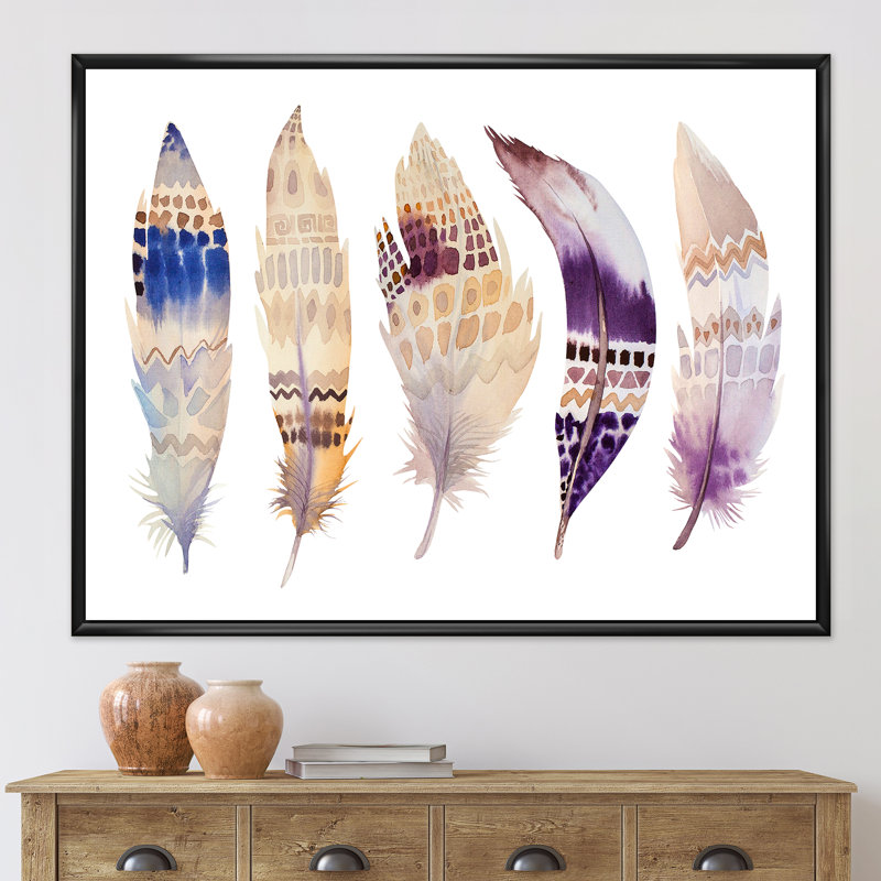 Plumes d'ethnie bohémienne mauve - peinture sur toile, Cadre noir, H 12 po x l 20 po x p 1 po
