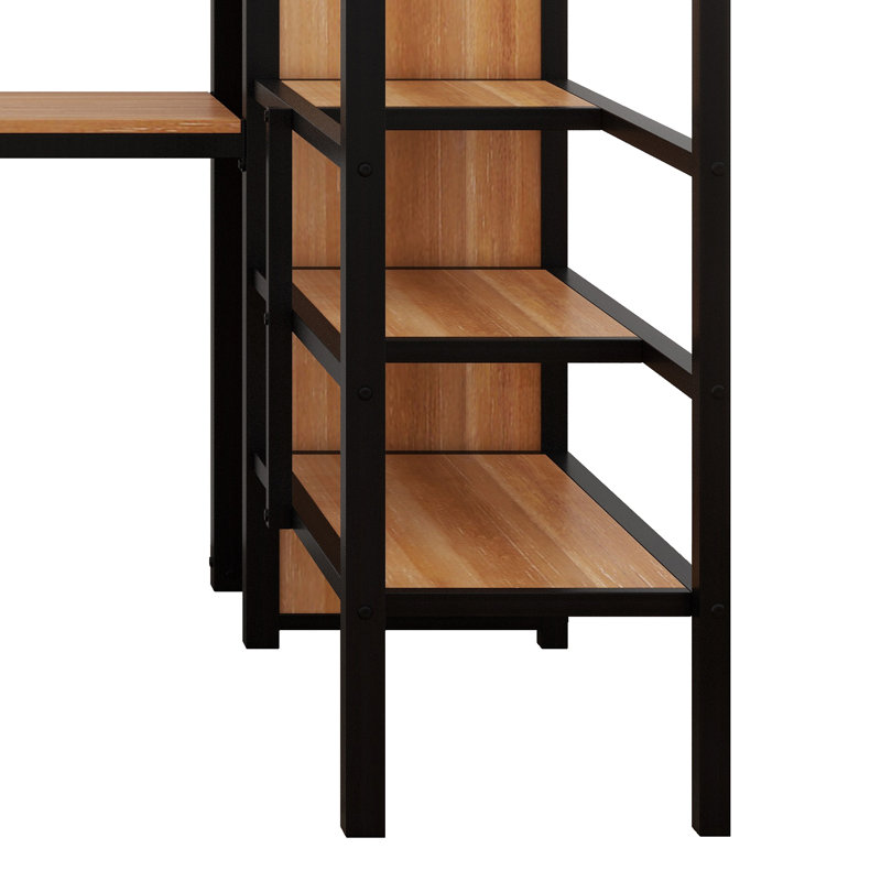 Lit mezzanine double en métal avec garde-corps pleine longueur, structure de lit mezzanine avec bureau, éclairage à DEL, escalier de rangement et petite armoire