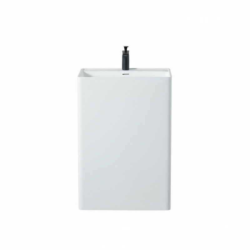 Cpingao 35" H White Stone Resin Rectangular One-Piece Freestanding Pedestal Bathroom Sink 