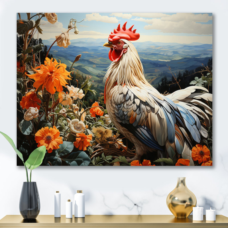 Coq crème avec paysage de fleurs d'oranger, 34" H x 44" W, Gold Picture Framed