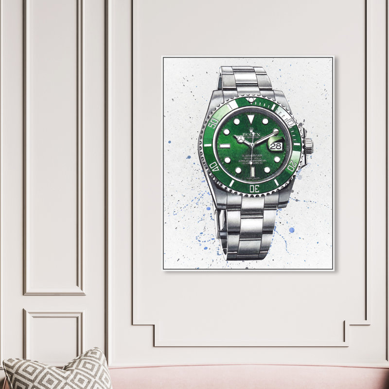 Rolex Emerald - peinture sur toile, Cadre blanc, H 45 po x l 36 po