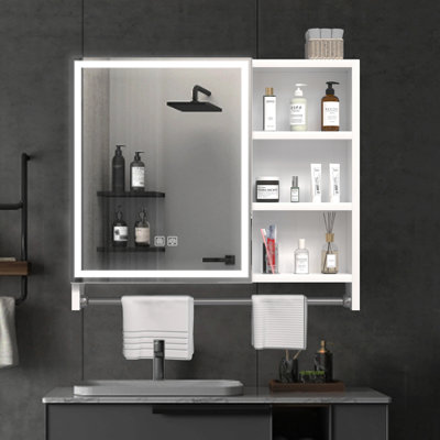 Armoires de salle de bain modernes en aluminium 32 X 28 pouces, armoires à pharmacie avec miroirs et lumières DEL, casiers de salle de bain avec compartiments de rangement à plusieurs niveaux et porte-serviettes