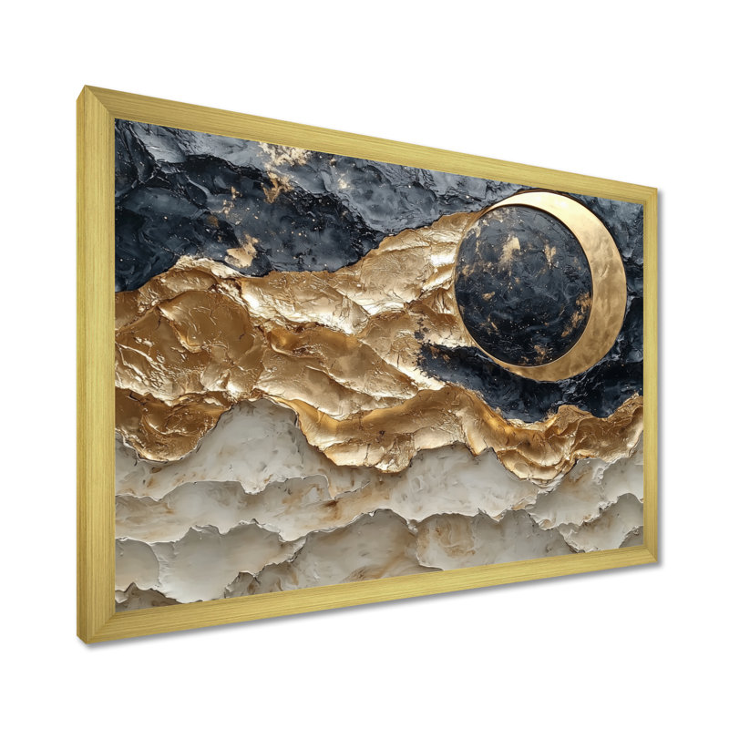 Golden Eclipse on Marble Dancing Waves I - Abstract Realism, art mural, H 12 po x l 20 po, Cadre de photo unique, Doré