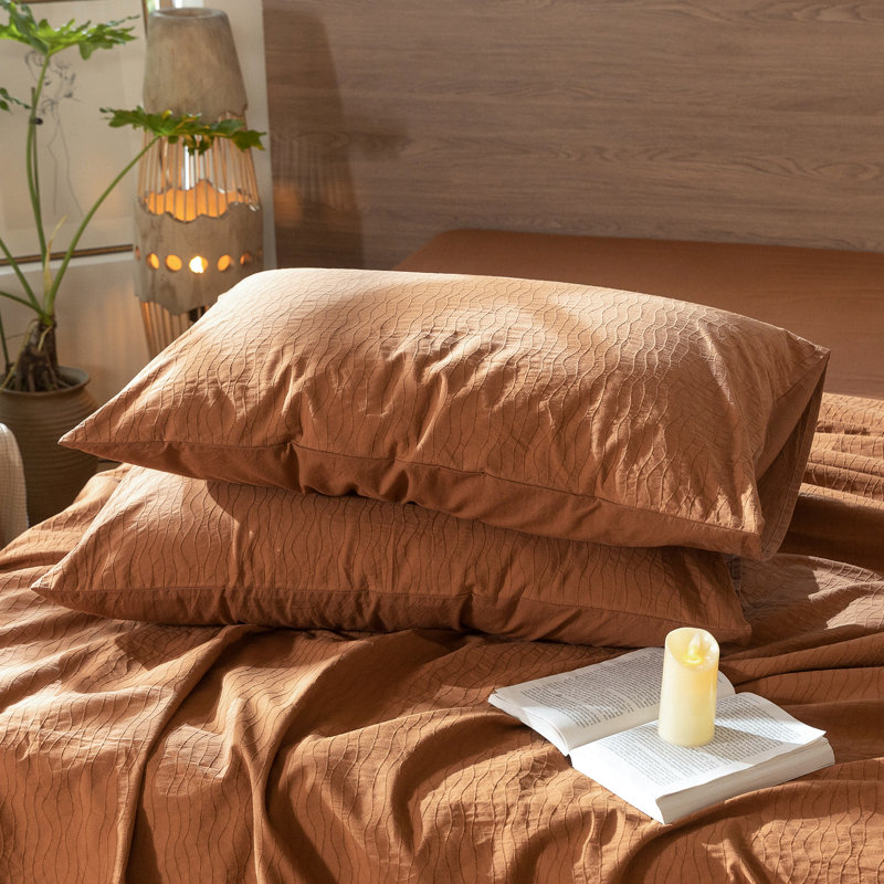 MooMee Wavy Striped Duvet Cover Set 100% Washed Cotton Linen Like Textured Breathable Lightweight, Dark Orange
