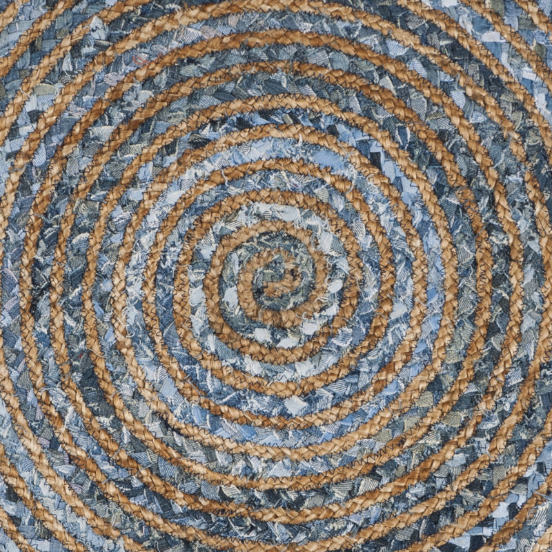 Tapis ivoire / denim en coton tissé à la main Abhay, Rond 5 pi