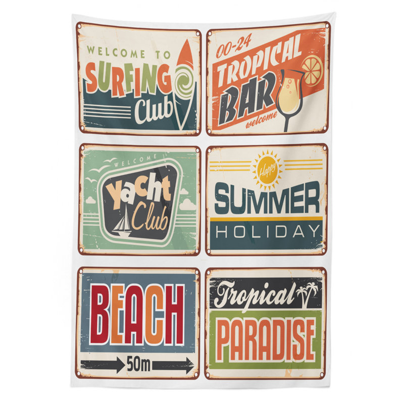 Summer Holiday Camping Beach Sign Boards Tablecloth, 90" L x 60" W