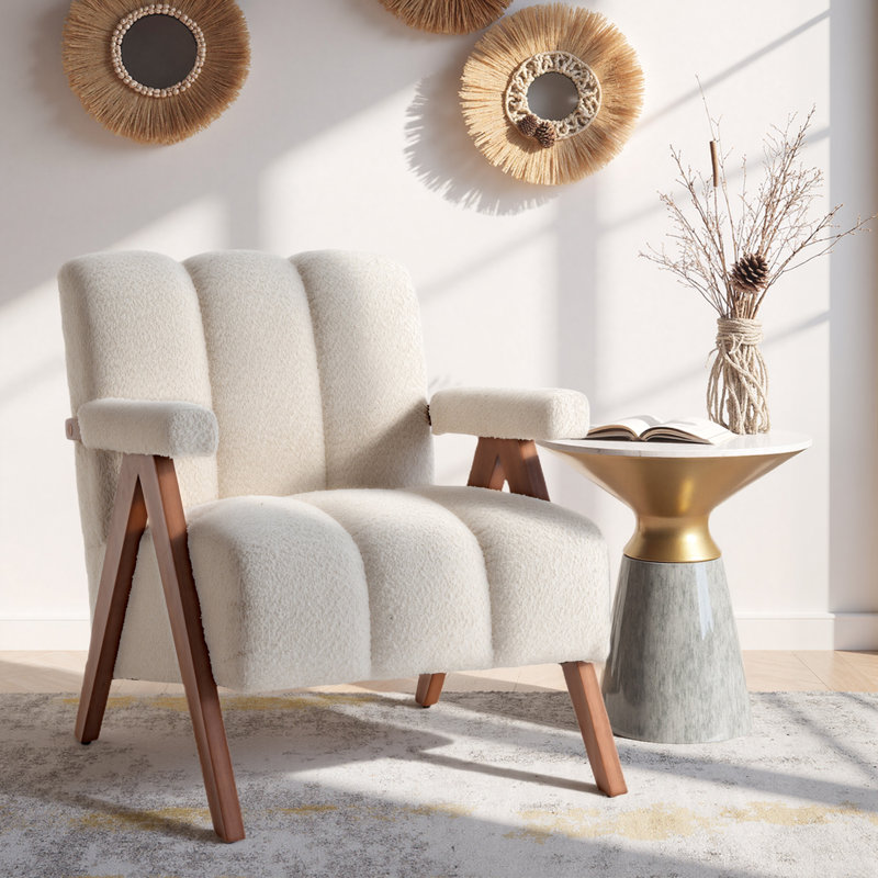 Mid Century Modern Accent Chair, Chenille Armchair With Solid Wood Legs, Channel Tufted Comfy Reading Chair For Living Room